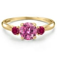 thumbnail image 3 of Gem Stone King 10K Yellow Gold Pink Moissanite and Red Created Ruby 3-Stone Ring for Women | 1.08 Cttw | Round 6MM | Gemstone Birthstone | Size 5, 3 of 6
