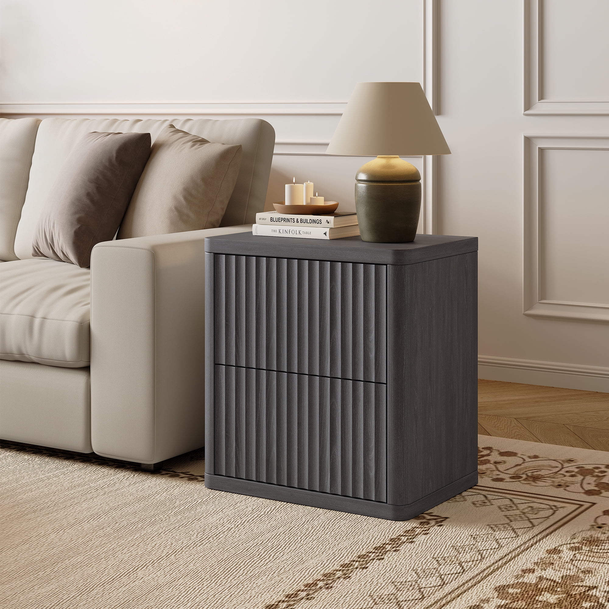 SICOTAS Fluted 2 Drawer Nightstand, 22.75" W Small Modern Bedside Table with Large Handless Drawers, Curved Edge Design, Wooden End Table for Bedroom, Living Room, Black Alder