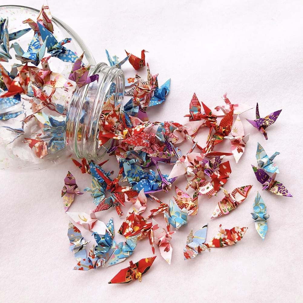 100PCS Tiny Premade Origami Washi Paper Cranes Folded Origami Cranes Handmade Christmas Gifts Yuzen Chiyogami Wishing Cranes Origami Wedding Confettis Baby Shower Party Favors