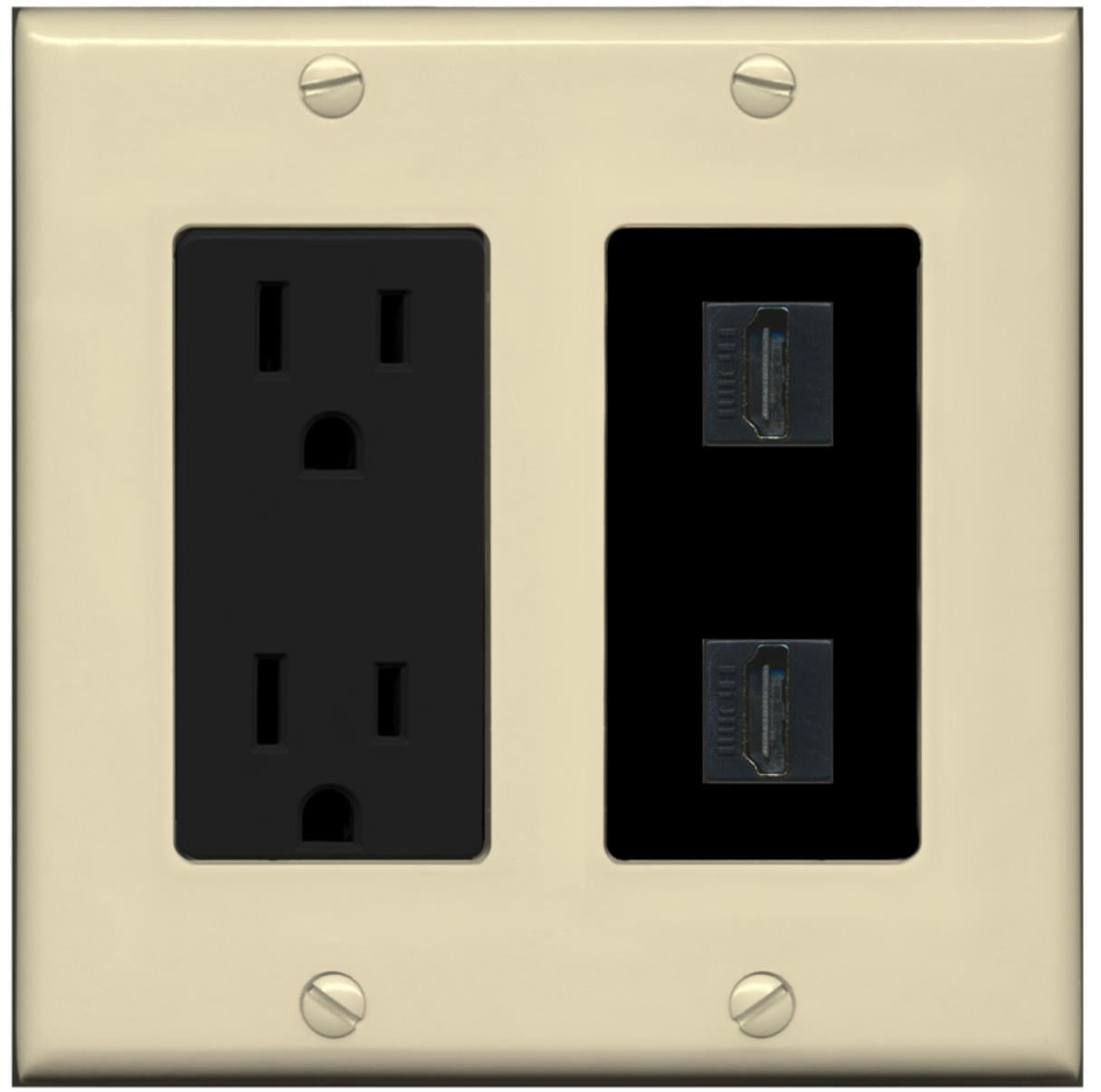 RiteAV 15 Amp Power Outlet 2 Port HDMI Decora Wall Plate Ivory/Black