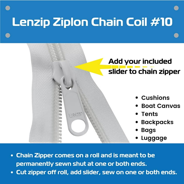 EZ-Xtend #10 Lenzip Chain Ziplon Coil Zipper by the Yard - Non-Locking  Sliders WHITE (5 Yards & 4 Double Pulls)