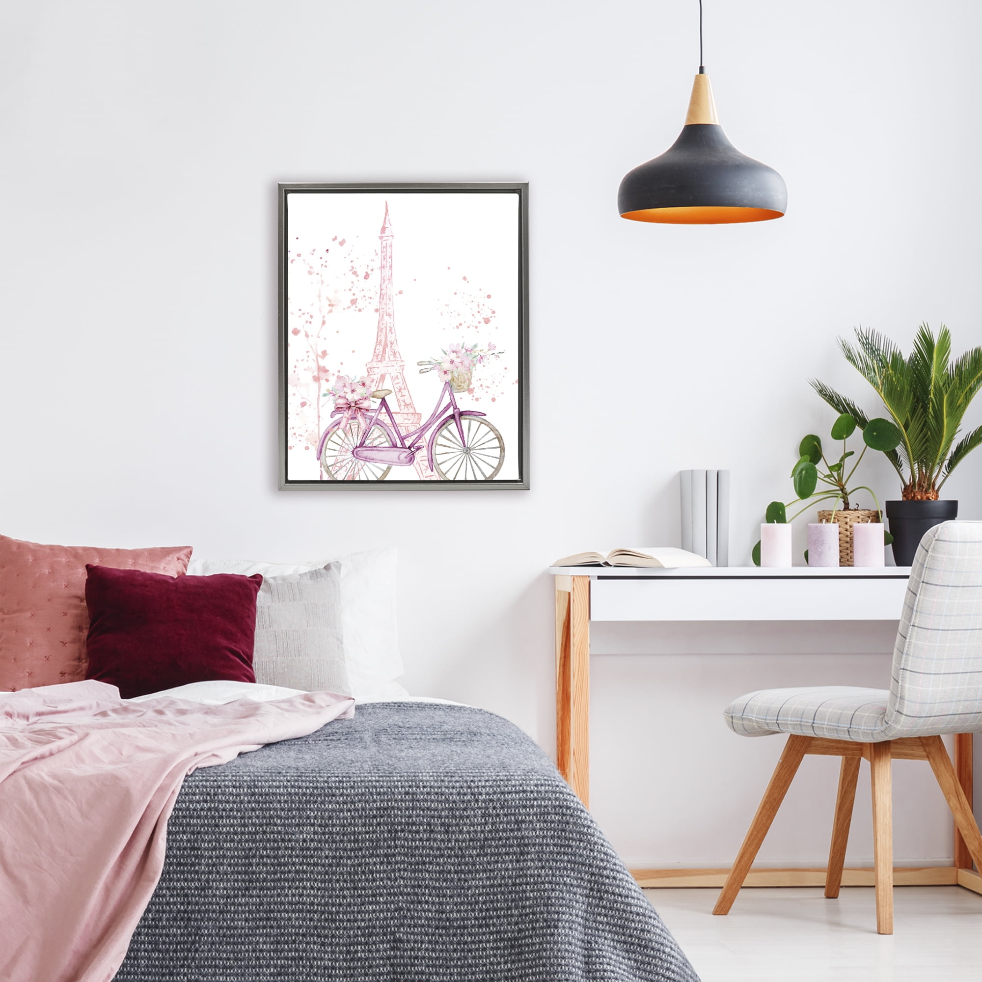 Parisian Bicycle & Modern Splatter Gray Framed Floater Canvas Wall Art, design by Kim Allen