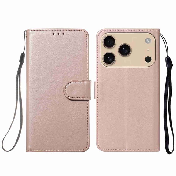 Wallet Case for iPhone 17 Pro Max, 3 Card Slots Holder Wrist Strap Shockproof Protective Stand Soft PU Leather Magnetic Closure Women Men Folio Flip Phone Cover for iPhone 17 Pro Max, Rosegold