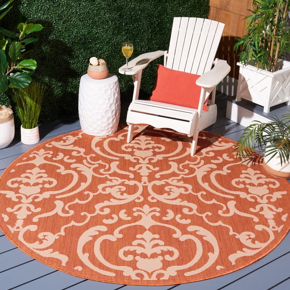 Safavieh Courtyard Dara Damask Indoor/Outdoor Area Rug, Terracotta/Natural, 7'10" x 7'10" Round