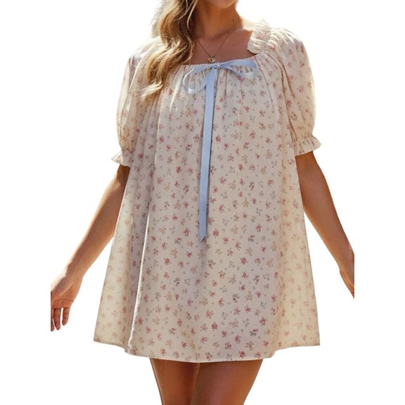 LMLYSoH Women Mini Dress Short Sleeve Tie-up Floral Dress Summer Dress for Casual Daily Dating