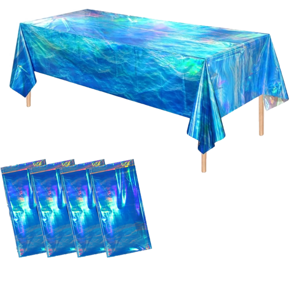 4 Pcs Iridescent Waves Plastic Tablecloths, 54"x108" Ocean Blue Rectangle Disposable Covers for Under the Sea Beach Surf Pool Party Birthday Decor