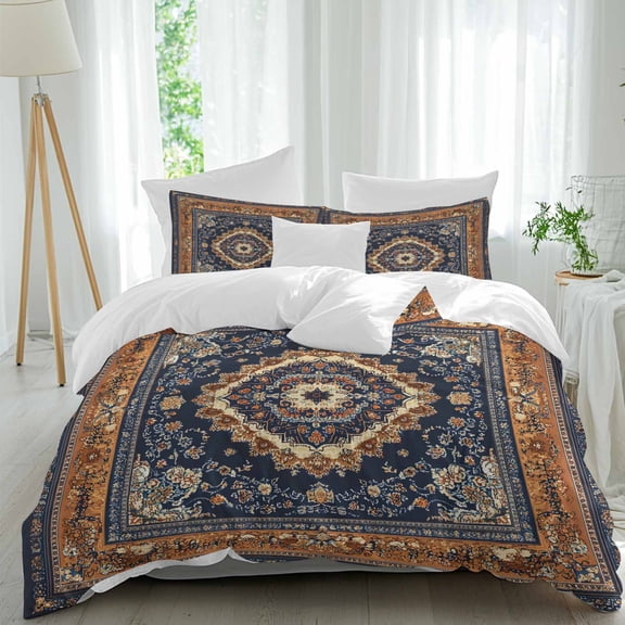3 Piece Blue Burnt Orange Boho Duvet Cover Set Queen Size, Microfiber Comforter/Quilt Cover with Corner Ties and 2 Pillowcases, Antique Southwestern Tribal All Season Soft Bedding with Zipper Closure
