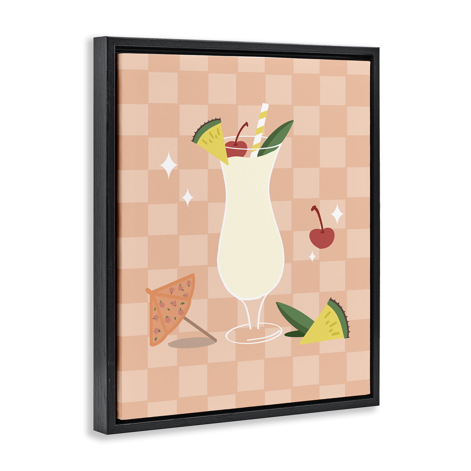 Stupell Industries Pina Colada on Checkered Food & Beverage Painting Black Floater Framed Canvas Art Print Wall Art, 17 x 21