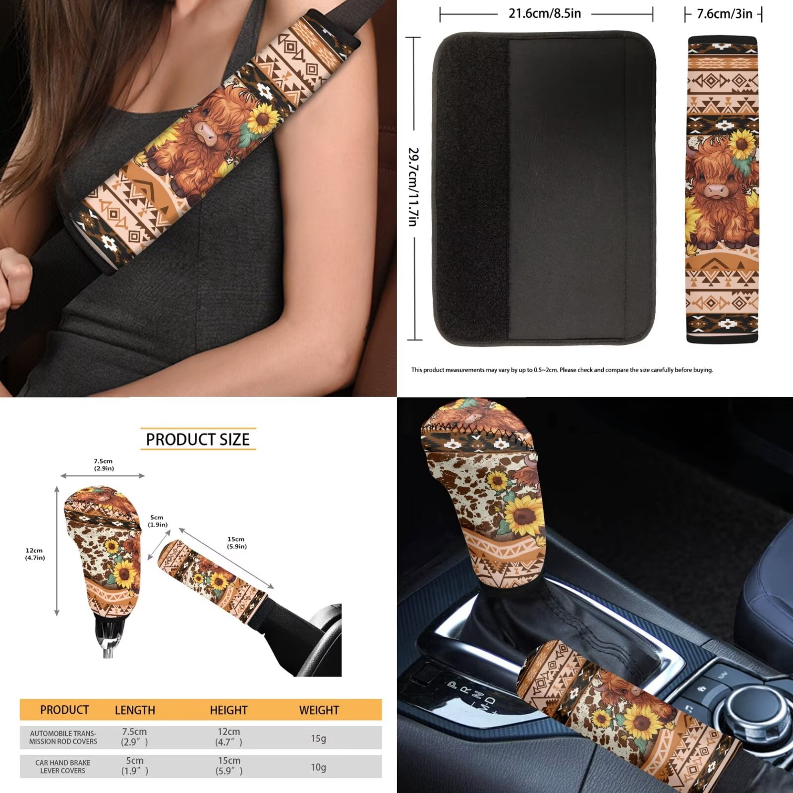 FKELYI Car Seat Covers with Steering Wheel Cover American Tribal Sunflower Highland Cow Print Auto Center Console Pad Seat Belt Pads Head Rest Covers Gear Shift Cover Hanbrake Cover, 16 Pcs