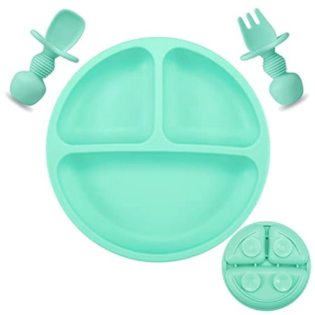 

PandaEar Silicone Suction Plate for Baby Toddler| Divided Unbreakable Baby Food Plate Stay Put with Suction Spoon and Fork Non-Slip Non-Toxic BPA Free Dishwasher and Microwave Safe (Gree