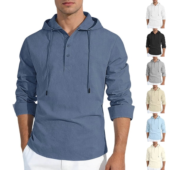 Puntoco Men’s Hooded Henley Long Sleeve Shirt, Drawstring Hood Linen Look Casual Pullover Top with Hoodie White XL(XL)