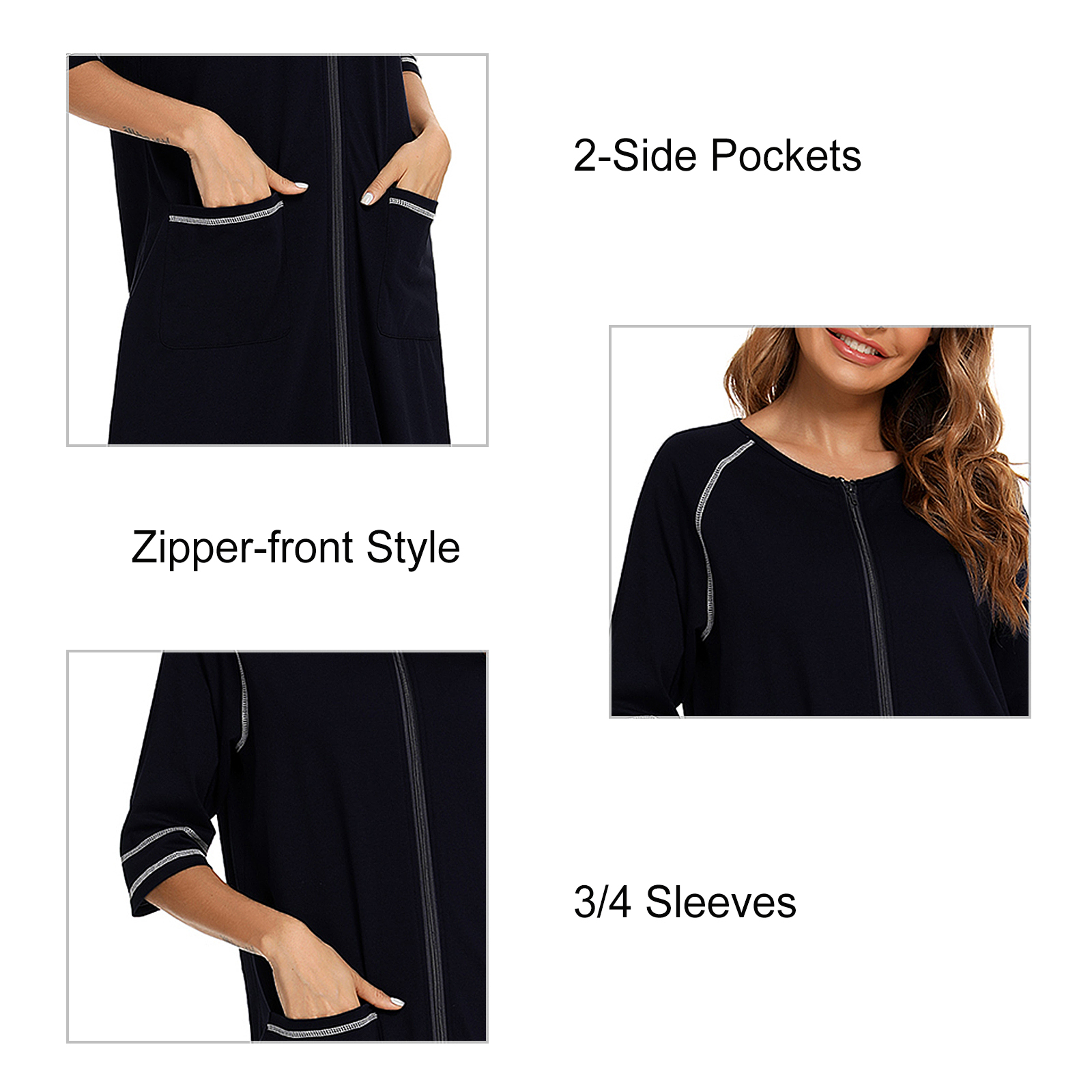 LOFIR Women Zipper Front Robes 3/4 Sleeve Loungewear Pockets Nightgown Loose-Fitting Ladies Long Sleepwear(Black,M) - image 4 of 5