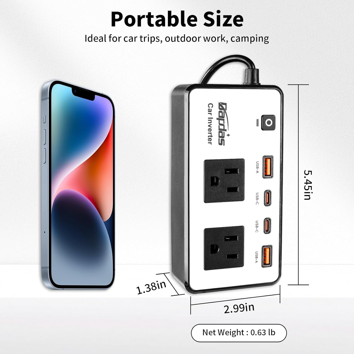200W Car Power Inverter, DC 12V to 110V AC Car Outlet Adapter Plug, 24W Fast Charging USB-C&USB-A, Portable Charger Converter for Laptops, Phones