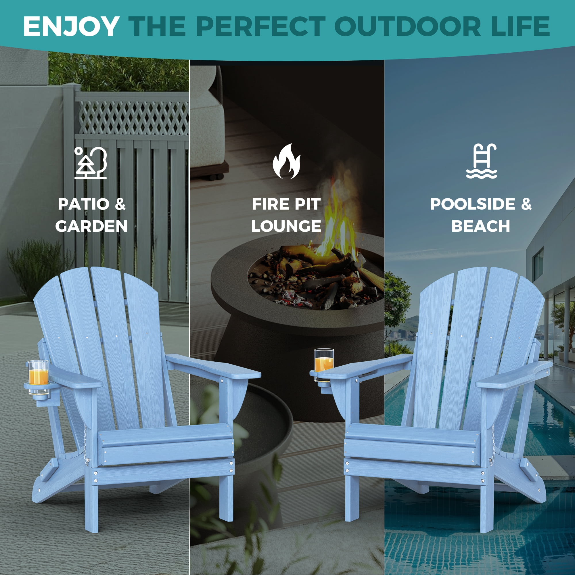 Adirondack Chairs Set of 4, Folding HDPE Fire Pit Garden Lawn Chairs, Blue