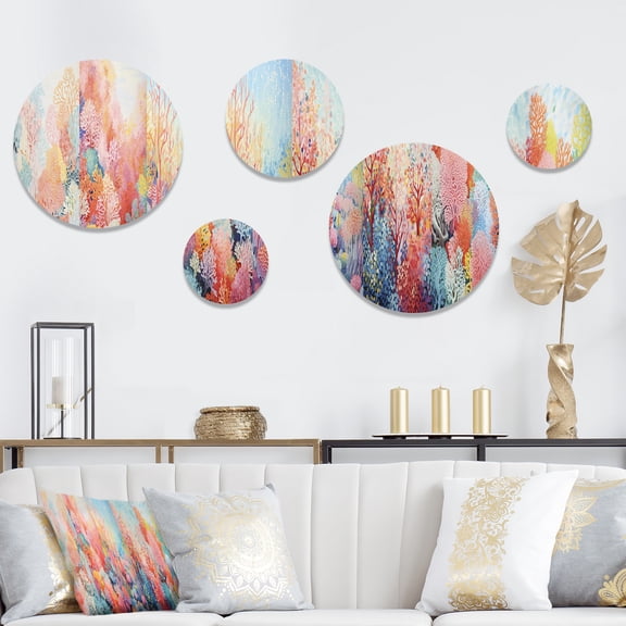 Designart "The Expressive Barrier Of The Coral Reef" Coastal Coral Under Water Round Wall Art Set Of 5 - Coral Traditional Wall Living Room Decor Set