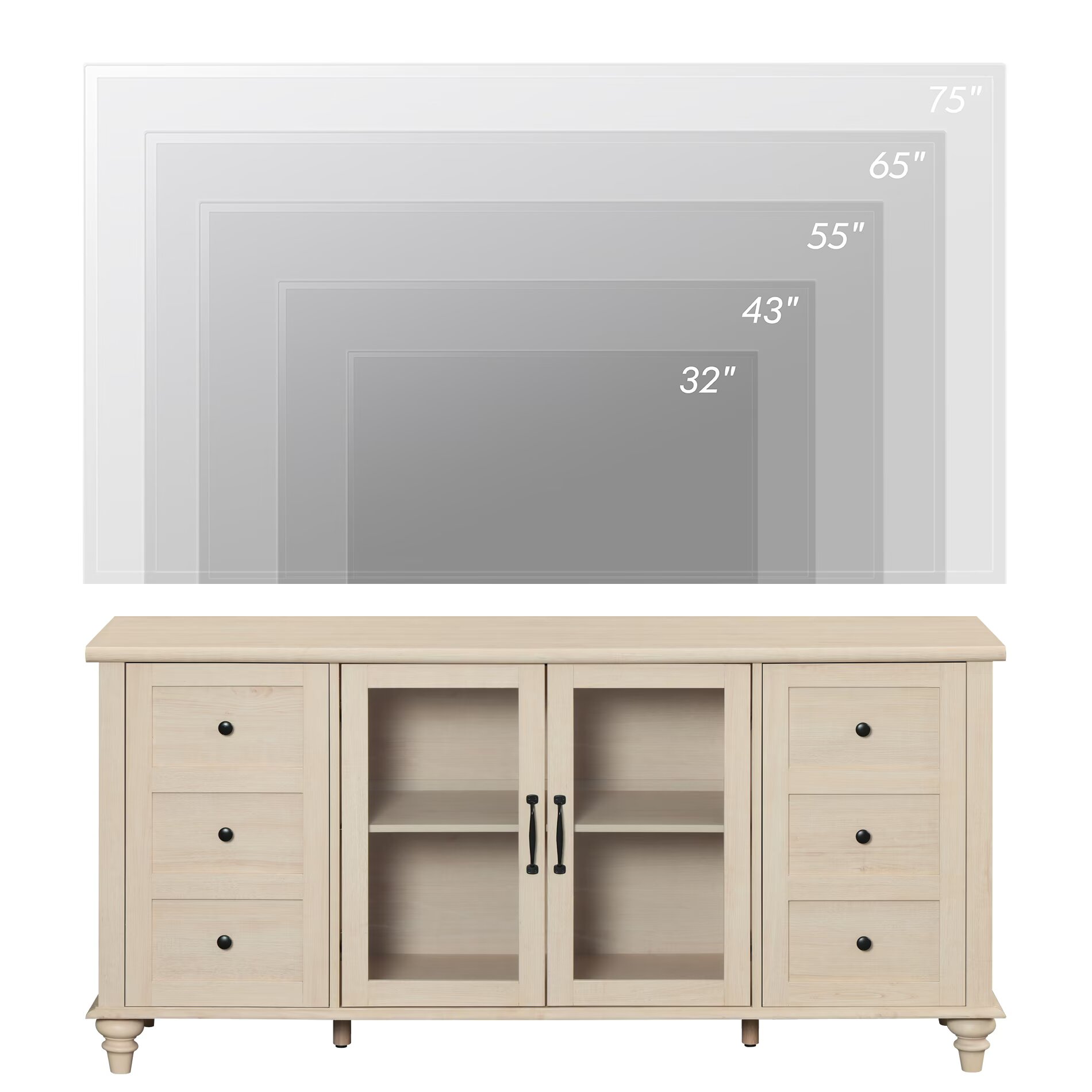 Beige Glass Door TV Stand for TVs up to 65", Farmhouse Television Stands for Living Room
