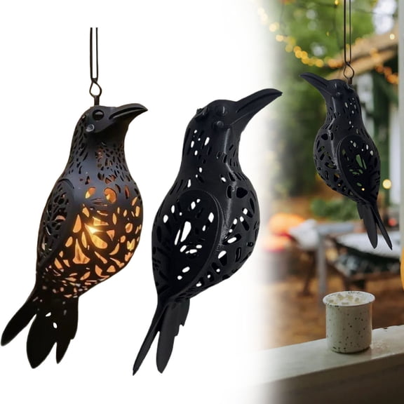 CoreLiving Crow Decor Hanging Raven Lantern Ornament with Hollow Cutout Light Pattern for Halloween Decorations Outdoor Porch Yard Gothic Home Decor