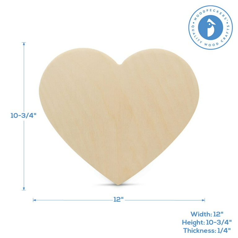 Wooden Heart Cutouts 12 inch, 1/4 inch Thick, Pack of 5 Unfinished
