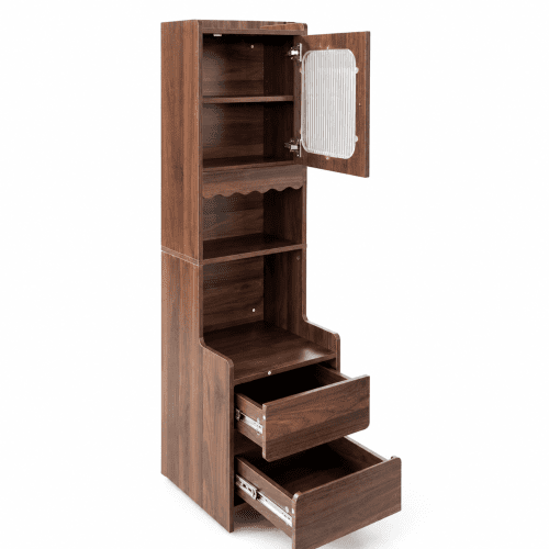 Modern Tall Nightstand with Glass Door and 2 Drawers, Walnut Wood Bedside Table with Open Shelves for Bedroom, Living Room