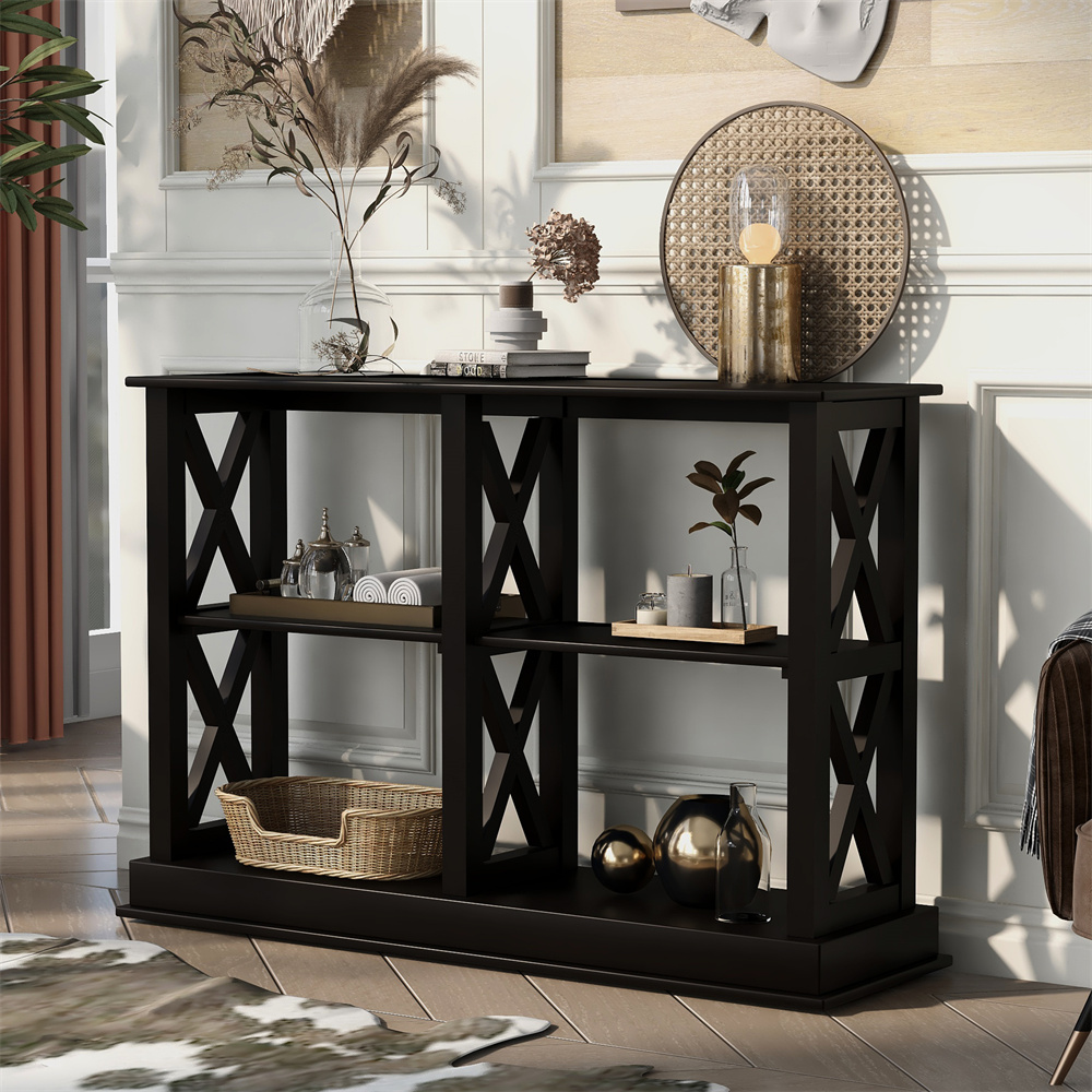 Narrow Console Table for Entryway, Retro Solid Wood Entryway Sofa Table with 3Tier Open Shelves