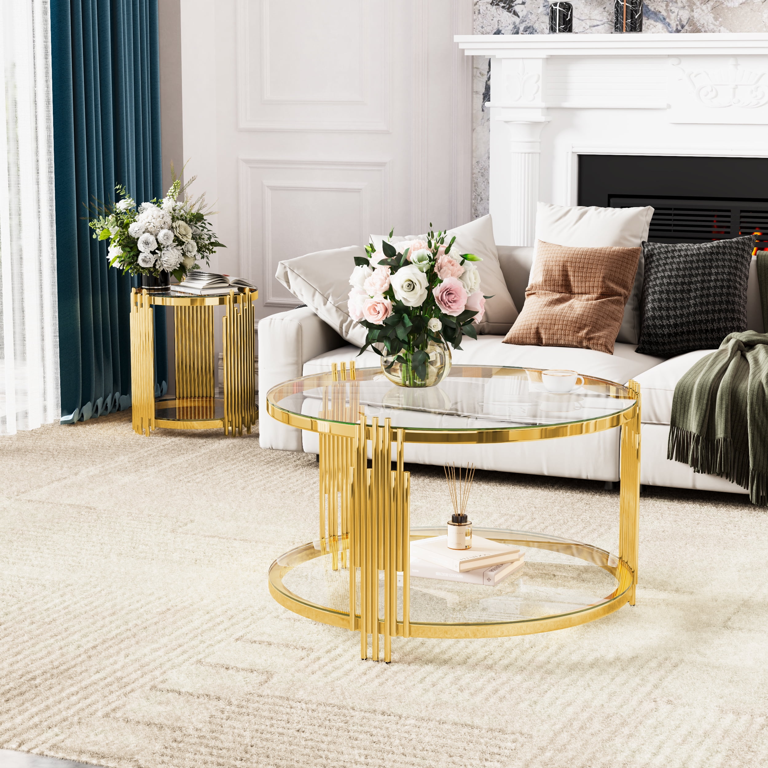 Euroco Modern Transparent Glass End Table for Living Room, Round, Asymmetrical Metal, Gold Finish & Lower Shelf, 19.8"