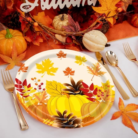 20 Pack Thanksgiving Paper Plates Disposable 10 Inch Fall Harvest Party Supplies with Pumpkin and Maple Leaves Design for Holiday Dinner Decorations