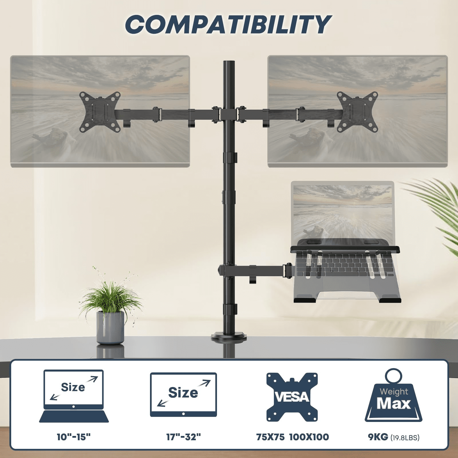PUTORSEN Dual Monitor Stand and Laptop Mount Fit Two 17 to 32 Inch Monitor and 10 to 15 Inch Laptop,Extra Tall Adjustable Stand,19.8 lbs Weight Capacity per Arm,Black
