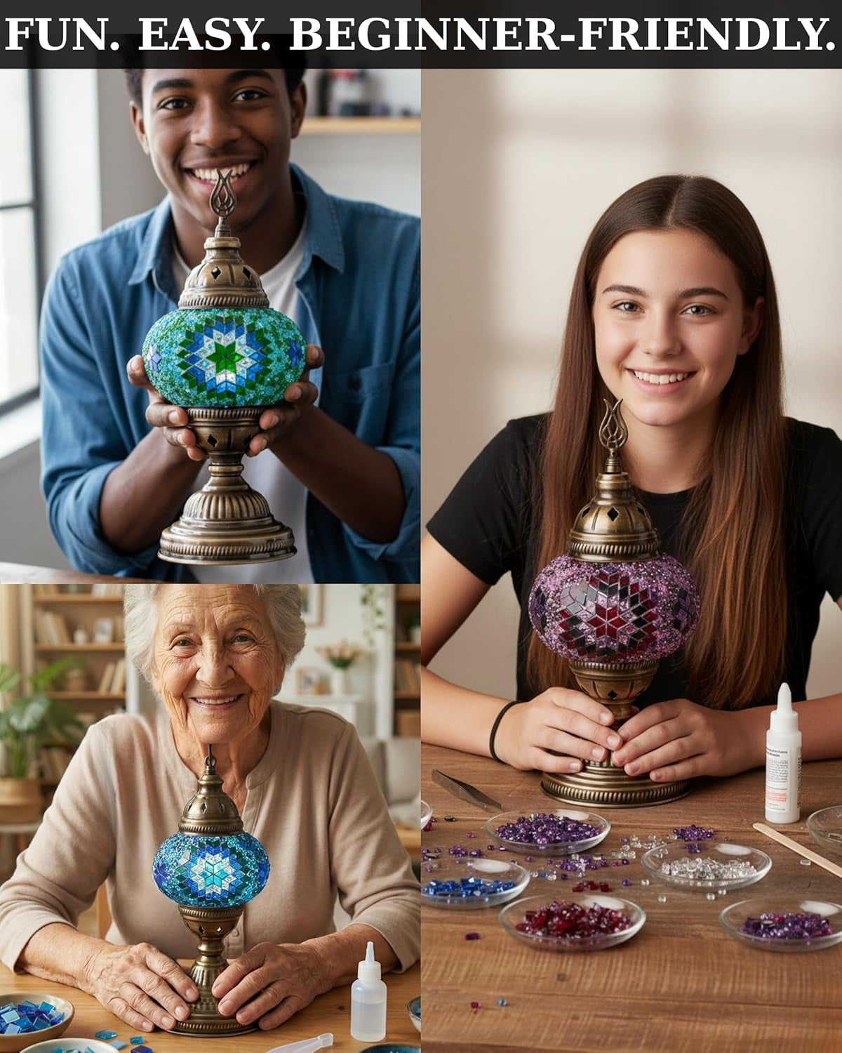 DEMMEX DIY Turkish Mosaic Lamp Making Kit – No Grout Needed – Fun, Easy, No Experience Required – Complete Mosaic Art & Craft Project Kit for Adults & Teens – Make Your Own Table Lamp (Turquoise)