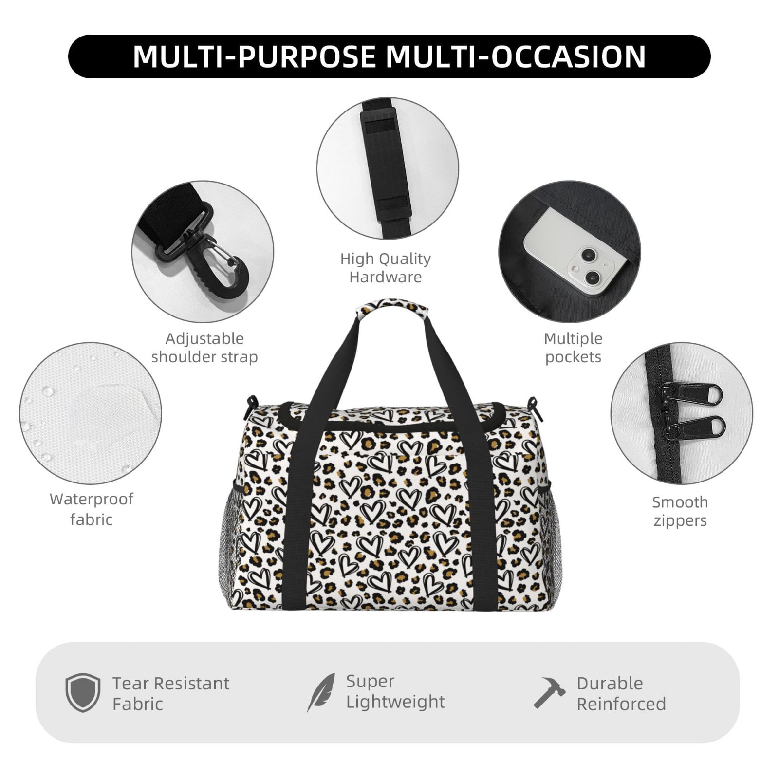 Fuzoiu Heart Leopard Print Travel Duffle Bag,Carry On Tote Bags,Duffel Bag,Sport Gym Bag, Hospital Bag for Labor and Delivery, Overnight Bag,Luggage Bag