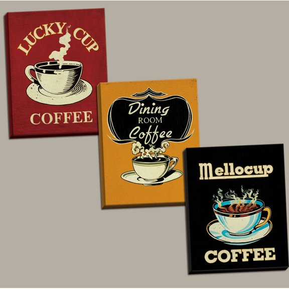 Vintage Coffee Advertising Prints; Kitchen Decor; Three 8x10in Hand-Stretched Canvases, Ready to Hang! Red/Yellow/Black