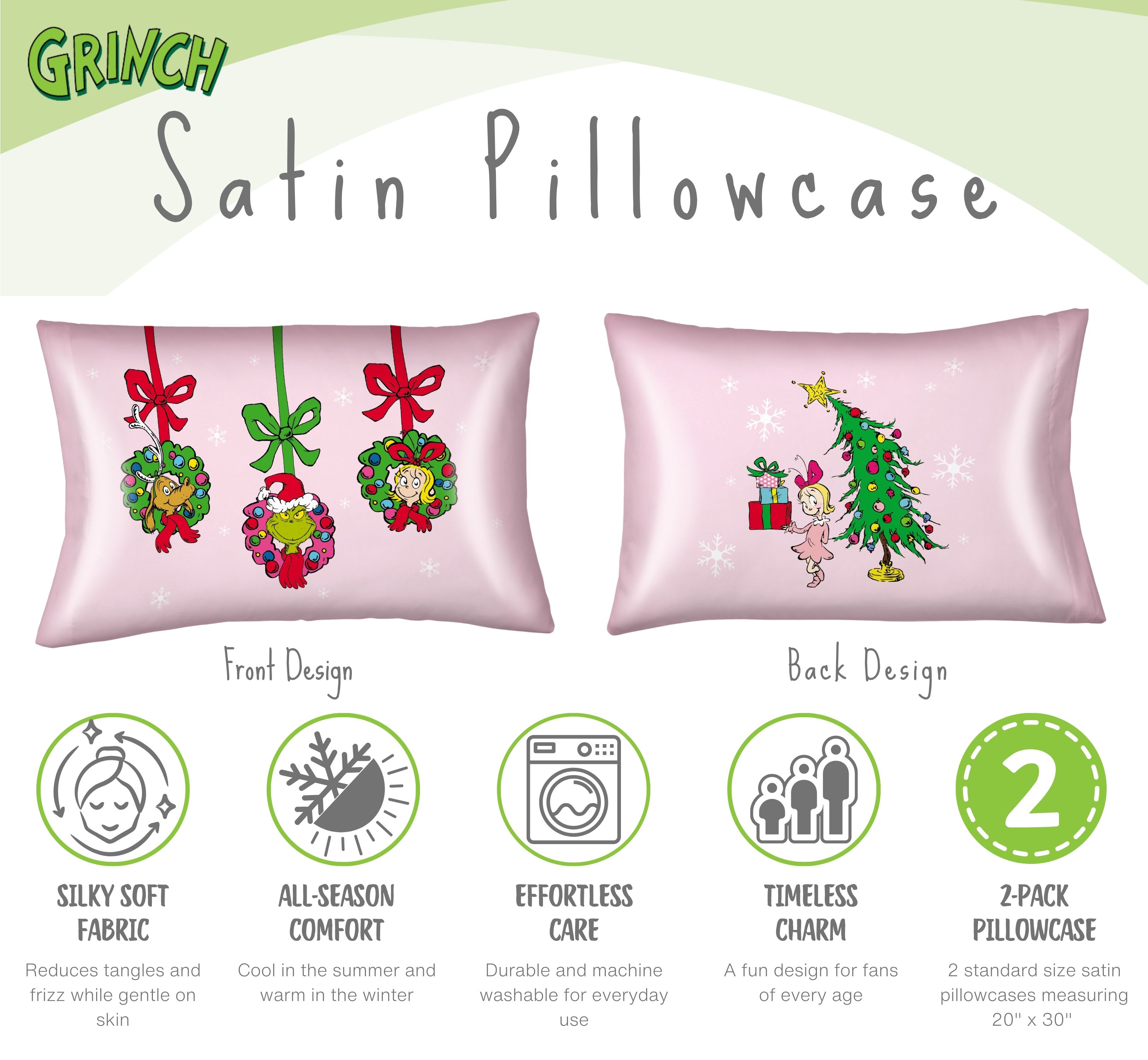 Grinch Pink Reversible Silky Satin Pillowcase, Standard Size, 2-Pack