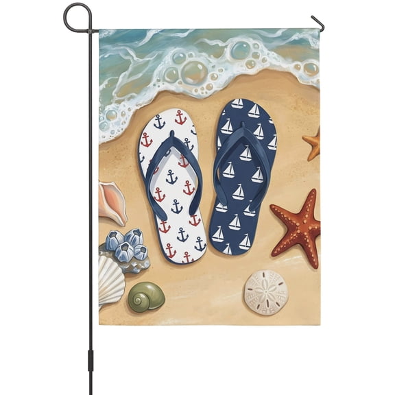 Coastal Slippers Garden Flags For Outdoor, Beach Starfish Shell Conch Nautical Ocean Small Double Side Yard Flags Weather Proof Garden Decor for Lawn Outside Holiday 12 x 18 Inches