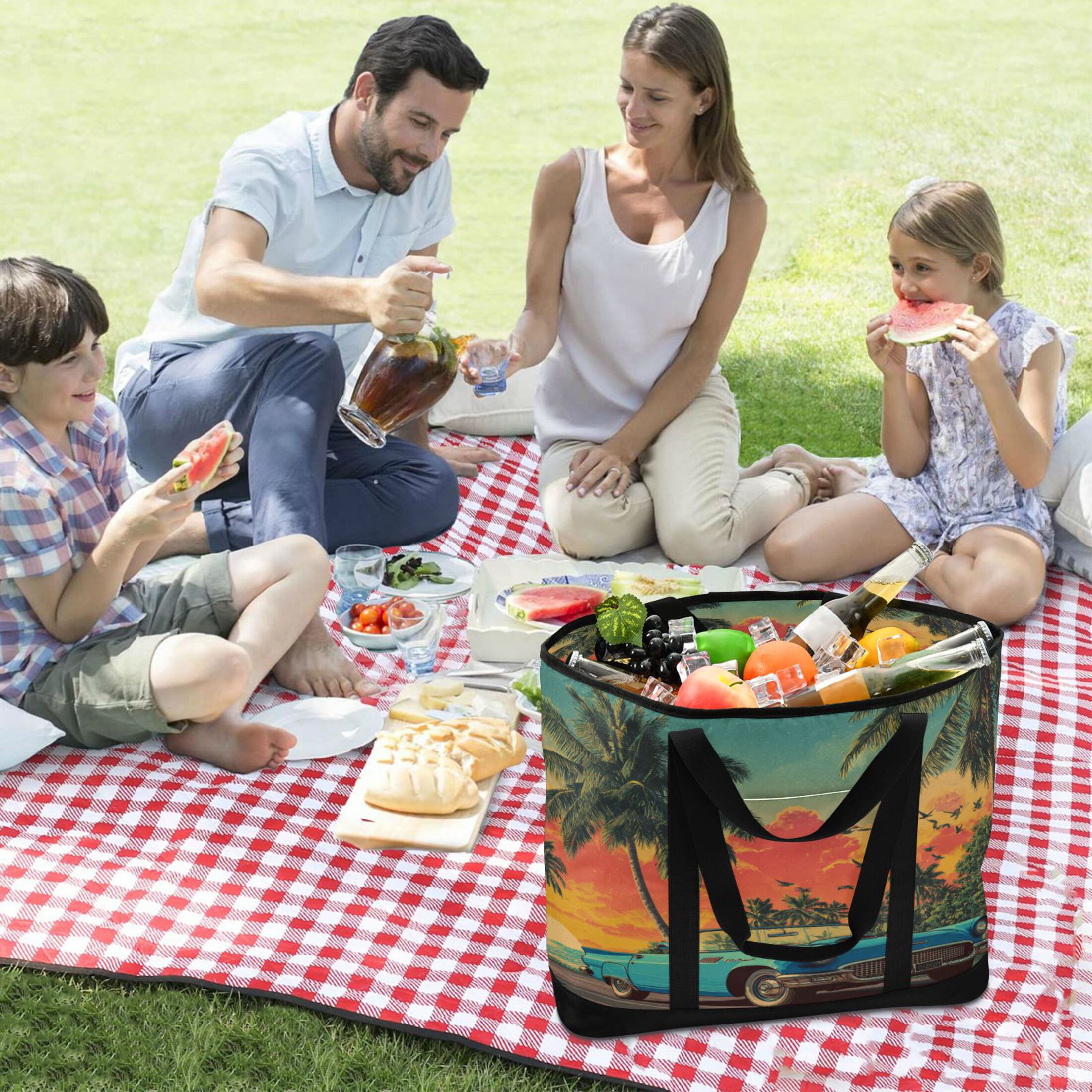 Extra-Large Wide Opening Design Capacity Hand-Held Ice Pack Thickened Insulation Layer For Long-Lasting Cold Retention For Outdoor Shopping Picnics And Camping Blue Vintage Cabriolet