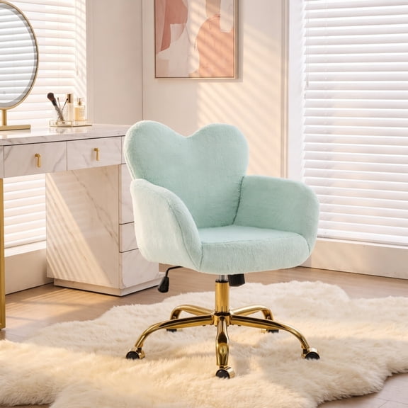 Ktaxon Heart Shaped Vanity Chair, Adjustable Swivel Ofice Desk Chair with Wheels, Faux Rabbit Fur Reading Chair for Bedroom Makeup Room Green