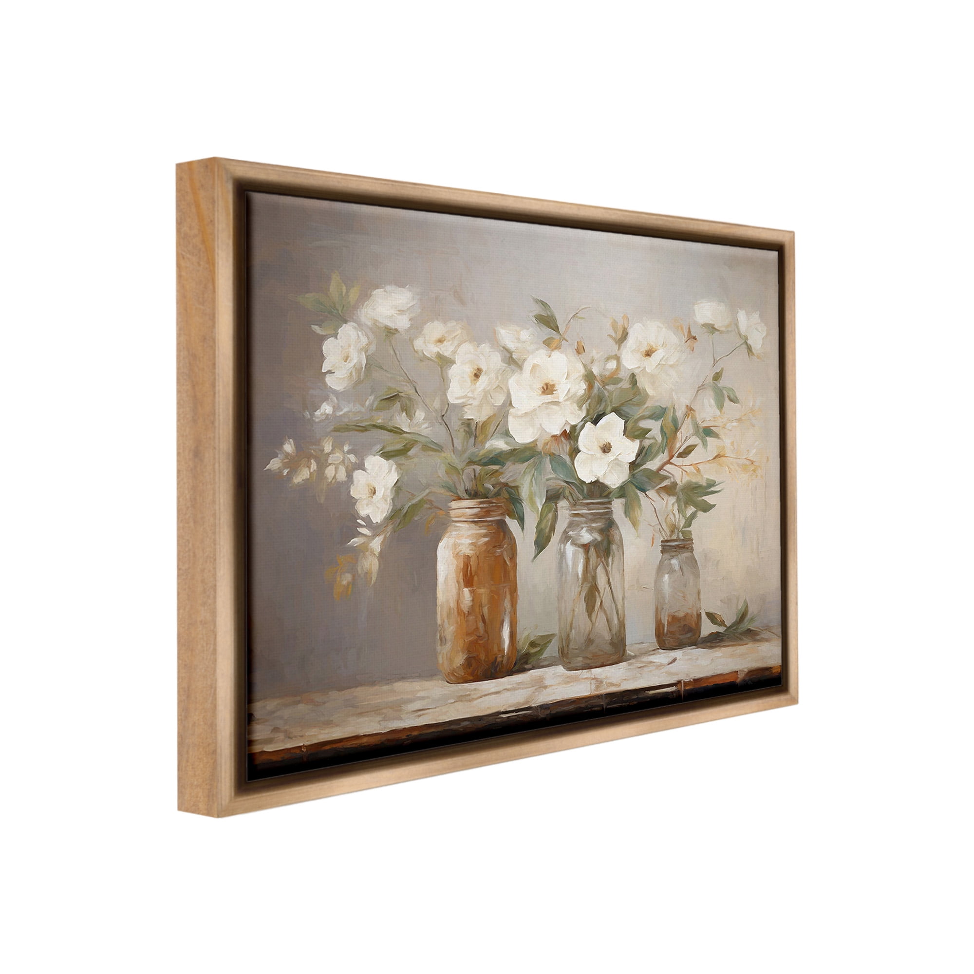 Stupell Industries Vintage Farmhouse Blooms Botanical & Floral Painting Brown Floater Framed Canvas Art Print Wall Art, 21 x 17
