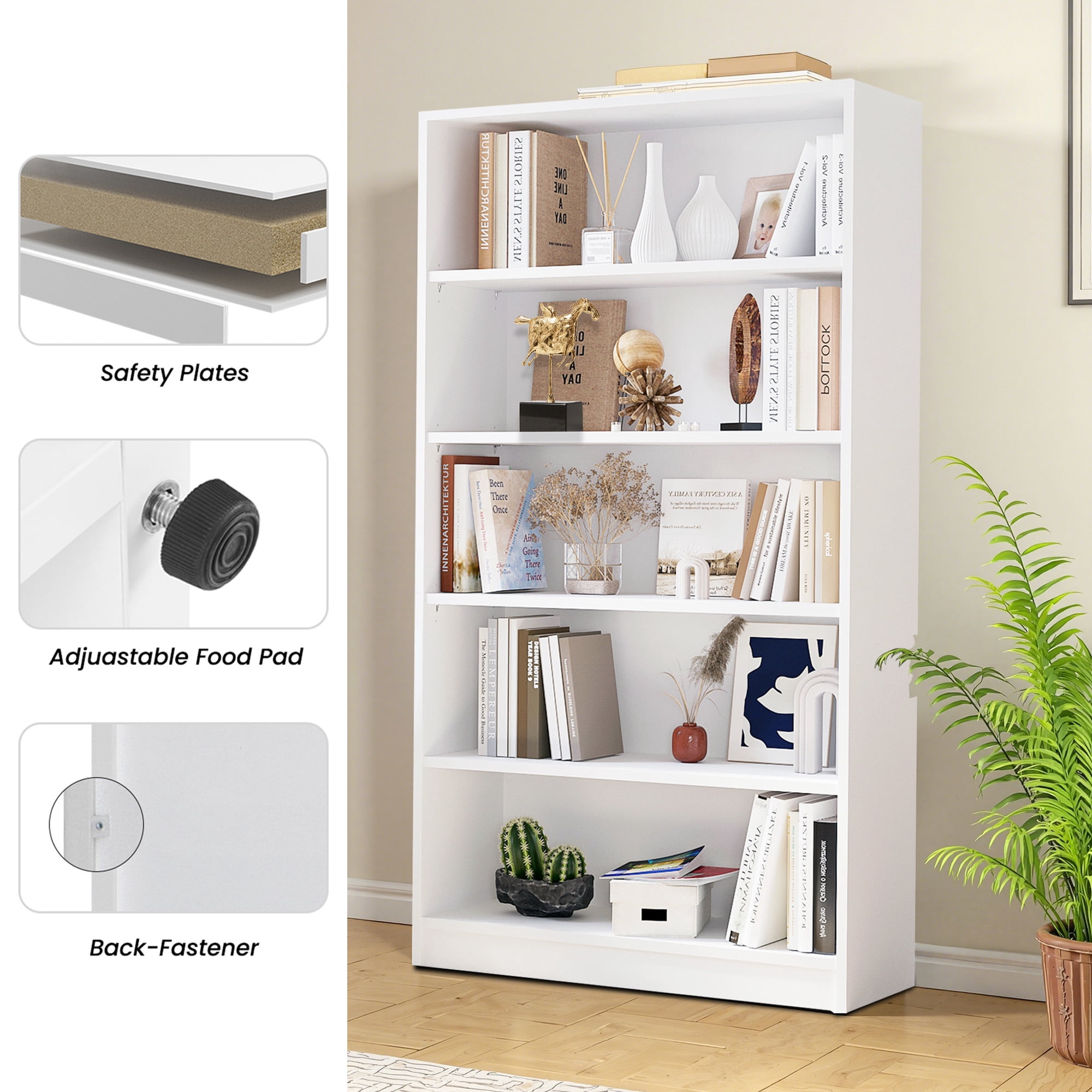 MAYEERTY 5-Shelf Wood Bookcase, 60" Tall, for Bedroom, White