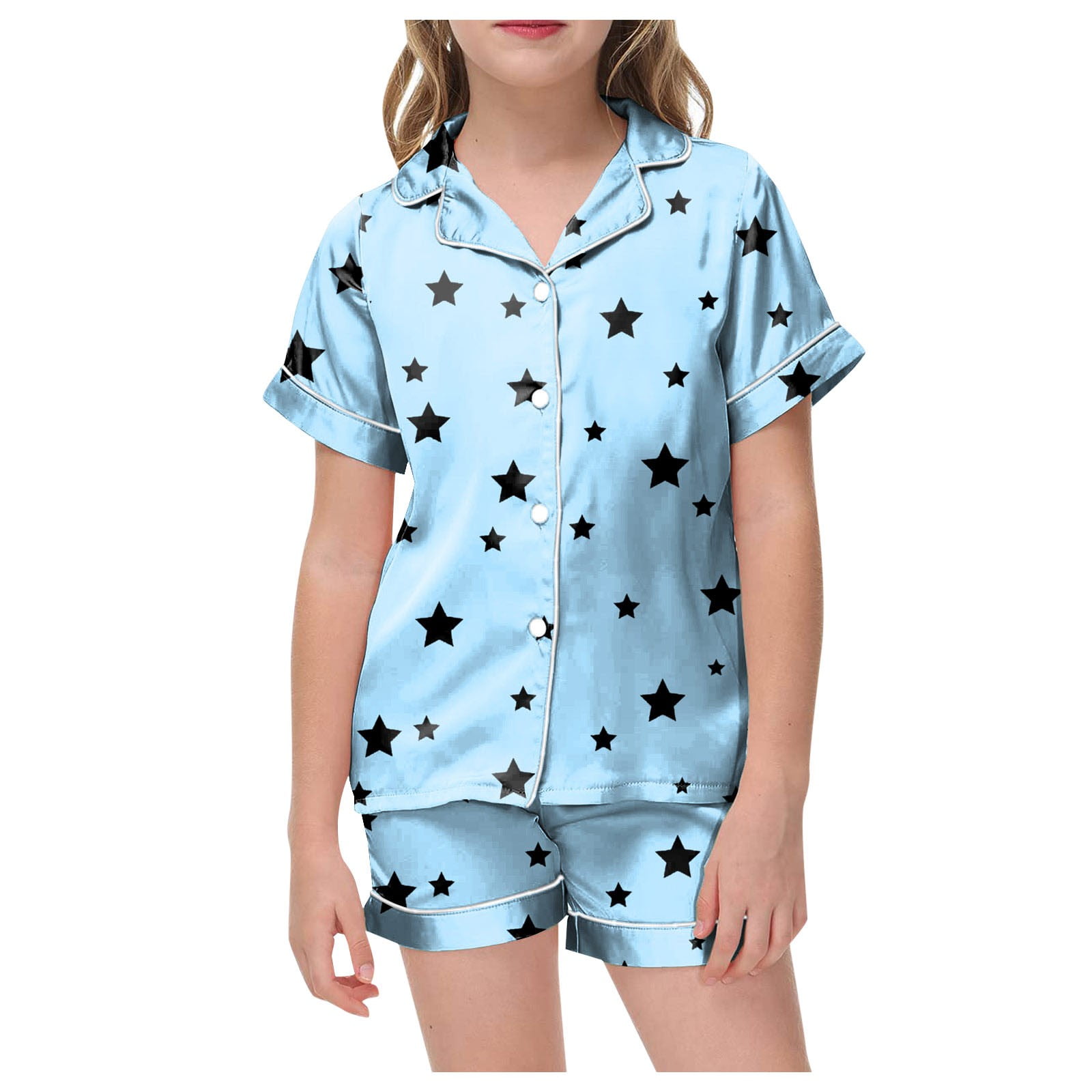 ASEIDFNSA Girls Pajama Shorts Set with Button Front Top Notch Collar Black Star Print (Blue 2-3 Years)