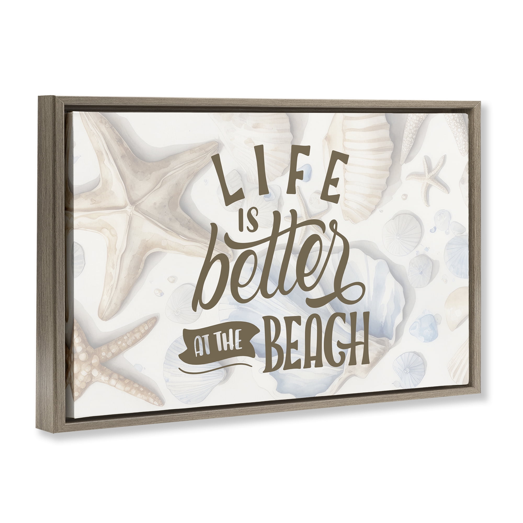 Stupell Industries Better At Beach Seashells Brown Framed Floater Canvas Wall Art, design by Kim Allen