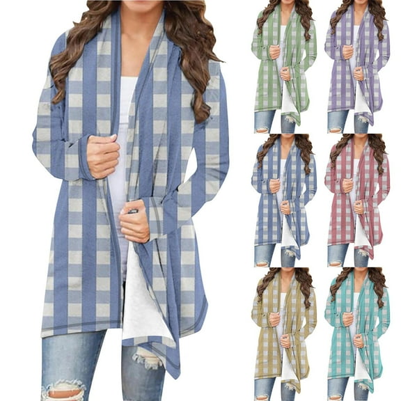 DDAPJ pyju Lightweight Cardigans for Women Open Frong Long Sleeve Plaid Cardigan Trendy Casual Duster Jacket Blue XL