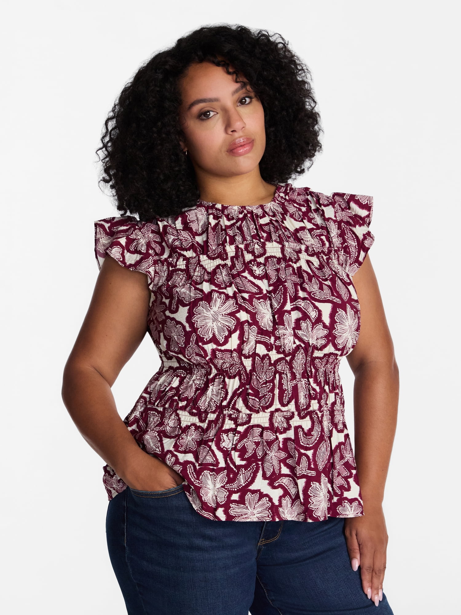 Time and Tru Women's Sleeveless Smocked Top with Ruffle Trim, Sizes XS-XXXL