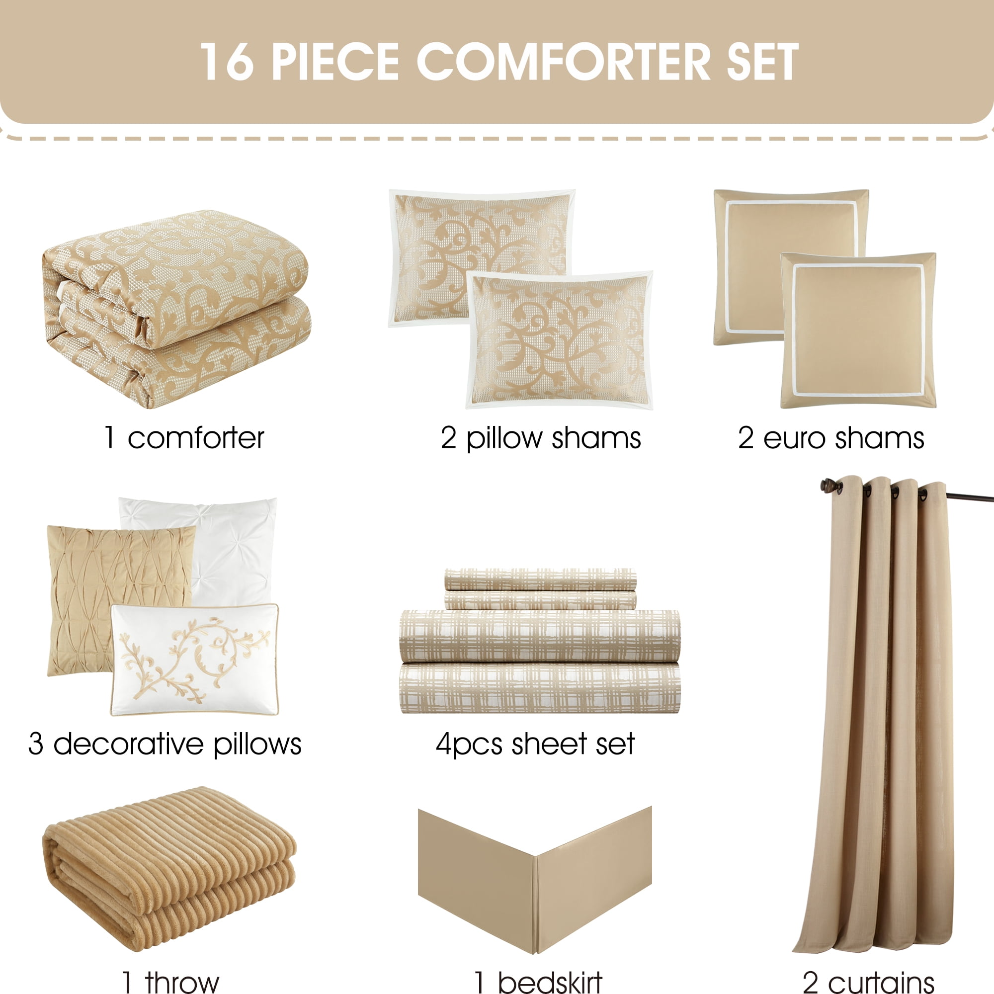 Lanco Taupe Paisley Comforter Set King Size, 16 Piece, Jacquard Bedding Sets & Collections, Matching Flat Sheet, Fitted Sheet, Pillow Shams , Bedskirt , Curtains