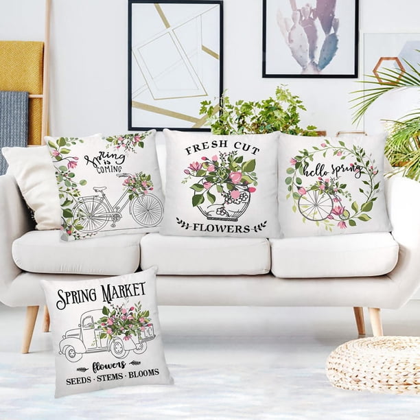 Fiudx Juego de Fundas de Almohada de Lino Floral, Estampado Moderno de Tinta con Marca de Agua, Decoración Multicolor, Ideal para Sofá y Cama, Decoración Del Hogar, 45 X 45 Cm.