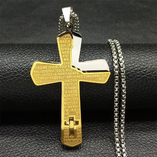 Christian Bible Cross Chain Necklace 14K Yellow Gold Big Pendant Necklace Men's Religious Prayer Jewelry corrente masculina