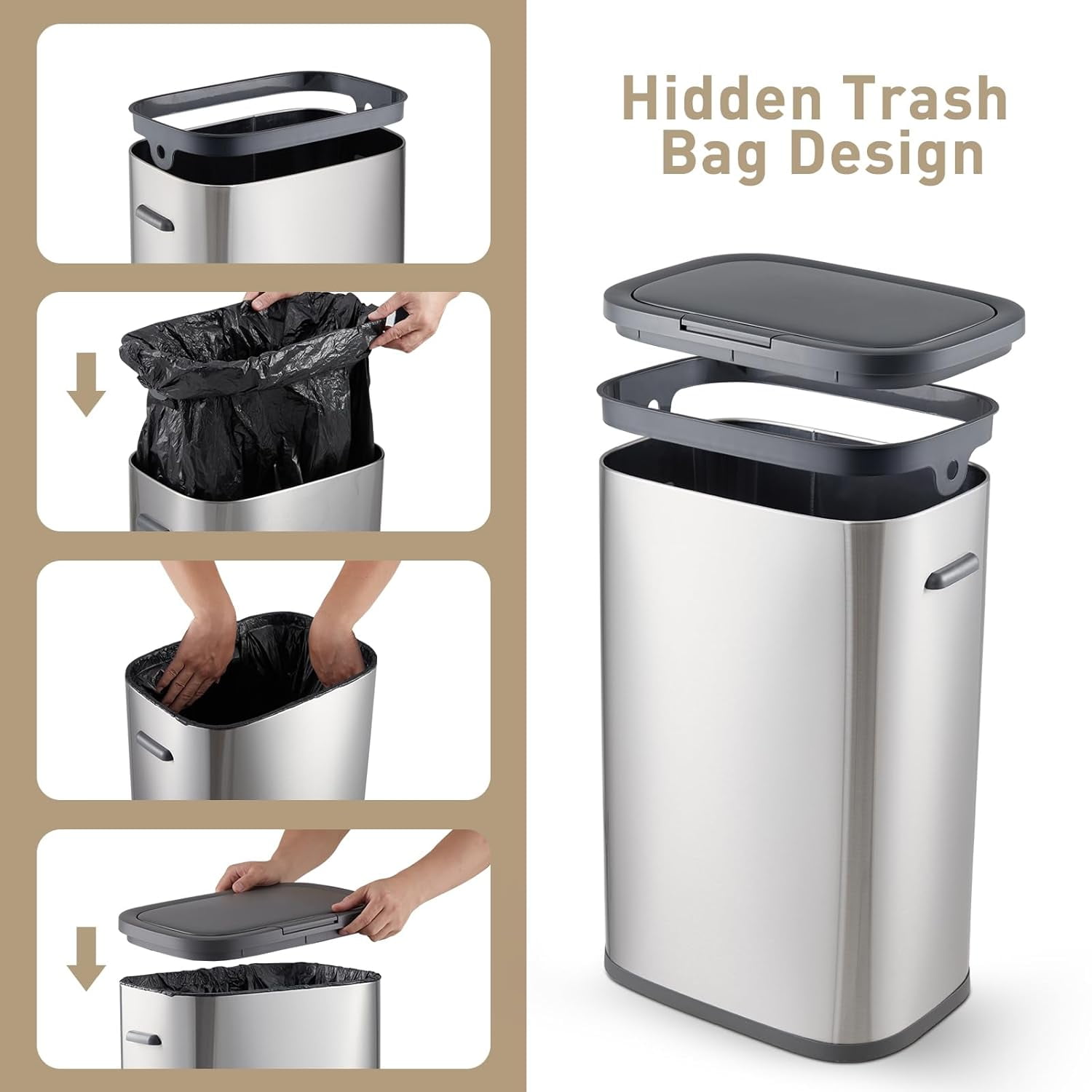 Trash Can with Lid, 14.5 Gallon Trash Bin with Pop-up Lid, 55L Garbage Can Wastebasket for Kitchen, Office, Bedroom, Living Room (Grey, Press Top Lid)