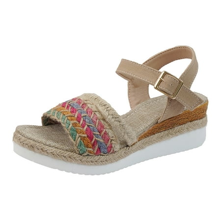 

MIASHUI Womens Sandals Shoes Casual Colour Blocking Woven Fabric Buckle Thick Bottom Slope Heel Large Size Sandals Casual Summer Shoes Khaki 6.5