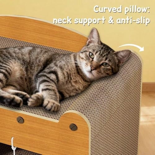 Cat Scratcher House, 2 in 1 Cat Bed and Cave with Hanging Ball Toys, Wooden Scratching Board for Kittens and Adult Cats