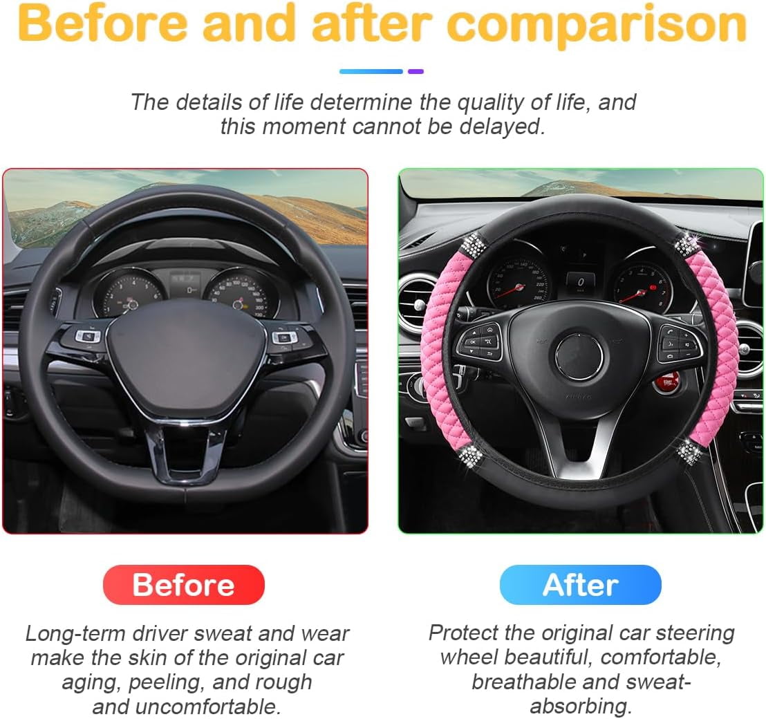 Bling Car Steering Wheel Cover, 15 Inch Rhinestones Soft Leather Elastic Steering Wheel Protector, Sparkly Crystal Diamond for Women Girls, Car Interior Accessories for Most Cars (Pink)
