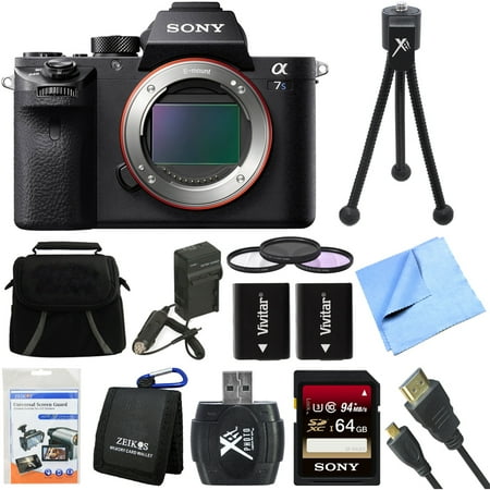 Sony a7S II Full-frame Mirrorless Interchangeable Lens Camera 64GB Bundle includes a7S II Body, 64GB Memory Card, Wallet, Reader, Bag, Beach Camera Cloth, 62mm Filter Kit, Batteries, Charger and More