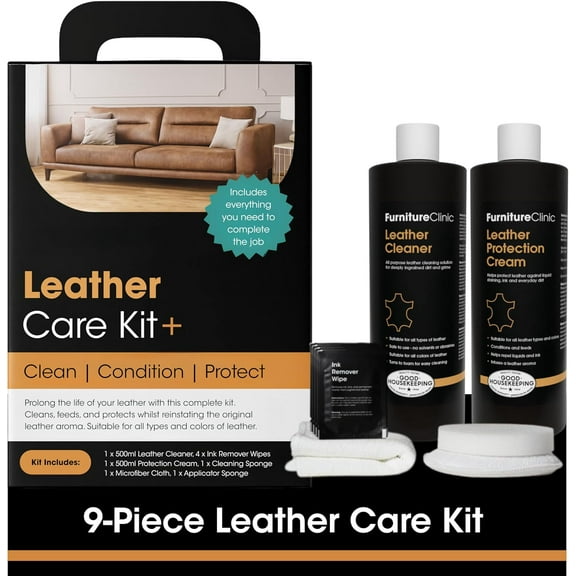 Furniture Clinic Large Leather Care Kit | Leather Cleaner   Conditioning Protection Cream for Furniture | Two 17oz Bottles   1 Sponge & 1 Cloth | Restore Leather Couches, Car Seats, Jackets, & Boots