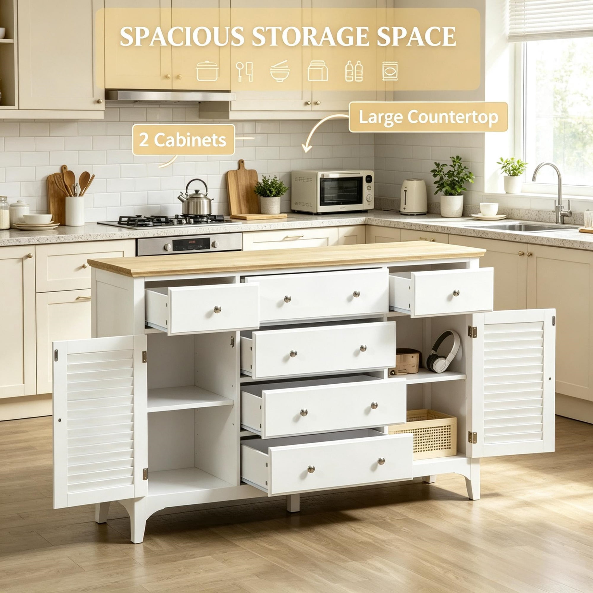 Adjustable Shelves Sideboard, Buffet Cabinet with Storage Drawers, Rubber Wood Top Coffee Bar, White